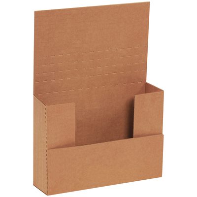 M752BFK.jpg The 7 1/2 x 5 1/2 x 2 Kraft Easy-Fold Mailers (50/Bundle) pair effortlessly with a brown cardboard display stand perfect for organizing brochures. Its simple design is ideal for both practical use and subtle presentation.