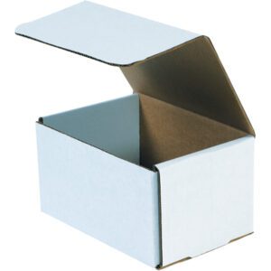 The MH-USA 7 x 5 x 4 White Corrugated Mailers (50/Bundle) feature a hinged lid slightly open to showcase their plain brown interior on a white backdrop, emphasizing their depth and robust structure.