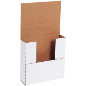 A white cardboard magazine file with an open top and tall back, perfect for upright document storage. It features a white exterior and brown interior, akin to MH-USA 7 1/2 x 7 1/2 x 2 White Easy-Fold Mailers. The sides have perforations for easy assembly or resizing.