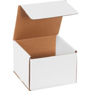 A MH-USA 7 x 7 x 5 white corrugated mailer, part of a bundle of 50, lies open with its brown interior and spread top flaps visible against a plain white backdrop.