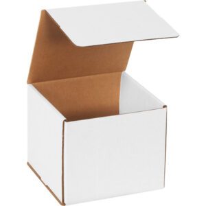 An MH-USA 7 x 7 x 6 white corrugated mailer, lid slightly open to reveal its brown interior, is angled to emphasize its cube shape against a white backdrop, highlighting the design of these mailers (50/Bundle).