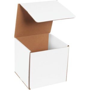 A bundle of 50 MH-USA 7 x 7 x 7 white corrugated mailers is displayed on a plain white background, with one box partially open to reveal its brown interior.