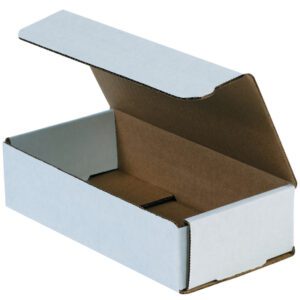 The MH-USA 8 x 4 x 2 white corrugated mailer with a partially lifted lid reveals its brown interior, sitting on a plain white background, part of a bundle containing 50.