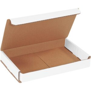 An MH-USA 8 x 5 x 1 White Corrugated Mailer, open with a visible brown interior and white exterior, is ideal for packaging or shipping flat items. Sold in a convenient bundle of 50.