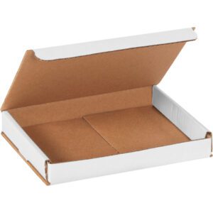 The MH-USA 8 x 6 x 1 white corrugated mailer features an open cardboard design with a brown interior and partially open lid. Ideal for shipping or storing documents and flat items, it comes in convenient bundles of 50.