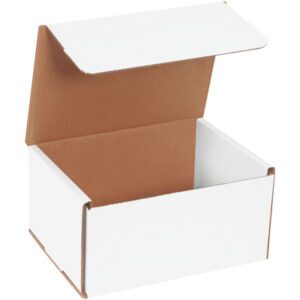 The MH-USA 8 x 6 x 4 White Corrugated Mailers (50/Bundle) are open, displaying a brown interior with a raised flap. Set on a plain white backdrop, their simple elegance underscores their versatility for shipping needs.