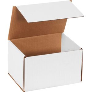 An MH-USA 8 x 6 x 5 white corrugated mailer with a brown interior and hinged lid is partially open, revealing its sturdy construction against a plain white background.