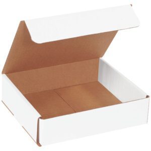 The MH-USA 8 x 7 x 2 White Corrugated Mailers (50/Bundle) are shown with the lid slightly open, revealing an empty brown interior against a plain white background.