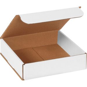 A three-quarter view displays an open MH-USA 8 x 8 x 2 white corrugated mailer with a brown interior, revealing empty space inside and resting on a flat surface. Ideal for versatile mailing needs, its expertly crafted and comes in bundles of 50.
