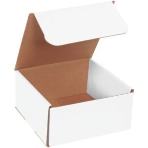 An MH-USA 8 x 8 x 4 white corrugated mailer with a brown interior is shown slightly angled on a white background, its lid partially open, appearing empty.