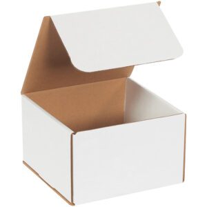 The MH-USA 8 x 8 x 5 White Corrugated Mailers (50/Bundle) is shown with its lid partially open, revealing the brown interior against a plain white background.