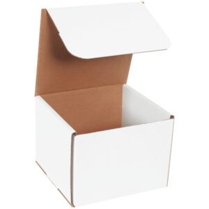The MH-USA 8 x 8 x 6 White Corrugated Mailers (50/Bundle) are square, white on the outside with a brown interior, shown partially open against a white backdrop.