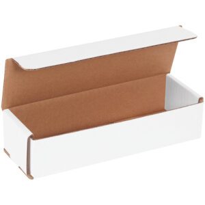 The MH-USA 9 x 3 x 2 white corrugated mailer with an open lid showcases a natural brown interior, perfect for storage or shipping. Available in bundles of 50 and photographed on a white backdrop.