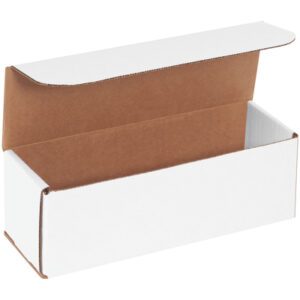 The MH-USA 9 x 3 x 3 White Corrugated Mailers come in a bundle of 50, featuring a sturdy rectangular design with an open brown interior and corrugated edges. Ideal for efficient storage or packaging needs.