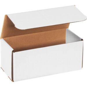 A sturdy open MH-USA 9 x 4 x 4 white corrugated mailer with a brown interior and partially folded lid sits empty against a white background, offering efficiency and inviting possibilities. This is part of a bundle of 50 mailers.