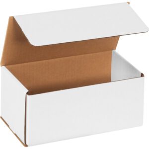 The MH-USA 9 x 5 x 4 White Corrugated Mailers come in a bundle of 50, featuring a white exterior and brown interior. The mailer is partially open, with the opening oriented forward, making it ideal for diverse mailing needs.
