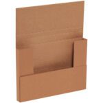 The 9 5/8 x 6 5/8 x 1 1/4 Kraft Easy-Fold Mailer, shown standing upright with a protective flap and reinforced edges, securely holds CDs during shipping and comes in bundles of 50 for efficient packaging.