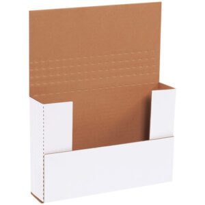 The MH-USA 9 1/2 x 6 1/2 x 2 White Easy-Fold Mailer features a white exterior and brown interior. With tall back and side panels, its ideal for displaying products or promotional items, while the lower front section reveals contents inside.