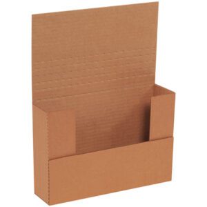 A plain brown cardboard display stand features a tall back and two shorter sides, perfectly sized to fit 9 1/2 x 6 1/2 x 2 Kraft Easy-Fold Mailers (50/Bundle), ideal for showcasing its contents.
