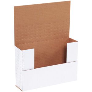 The open MH-USA 9 5/8 x 6 5/8 x 2 1/2 White Easy-Fold Mailer features a white cardboard exterior, tall rectangular back, shorter sides, visible brown corrugated interior, and dotted fold lines for easy assembly. Sold in bundles of 50.