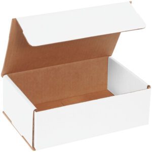 An open MH-USA 9 x 6 x 3 white corrugated mailer, like the ones sold in bundles of 50, is shown with its flap lid raised, revealing its brown interior. The empty box is set against a plain white background.