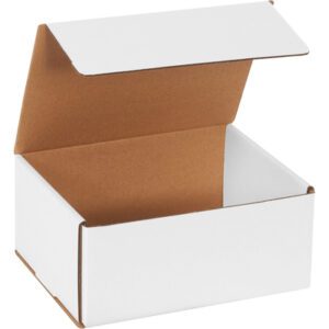 The MH-USA 9 x 7 x 4 White Corrugated Mailers (50/Bundle) are shown at an angle, with the lid partially open to reveal the brown interior.