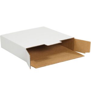 An empty MH-USA 12 1/8 x 9 x 2 1/2 white side-loading locking mailer lies flat with a partially extended brown flap, displaying its interior and simple design against a plain white background.