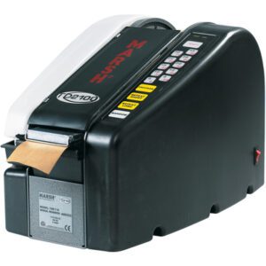 The Marsh® TD2100 Electric Paper Gum Tape Dispenser, labeled with Marsh and TD2100, is a sleek black and white device. It features a top keypad for precise control, dispensing reliable brown packing tape from the front, perfect for efficient packaging tasks.