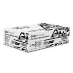 A white box with geometric black patterns labeled GripProtect Procedure Earloop Mask. The box indicates 1,000 masks with 3-level protection. Barcodes and product details are visible on the sides.