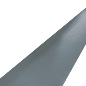 A long, textured strip with a reflective sheen stretches across a white background, echoing the durable design of the MH-USA 3 x 6 Gray Economy Anti-Fatigue Mat.