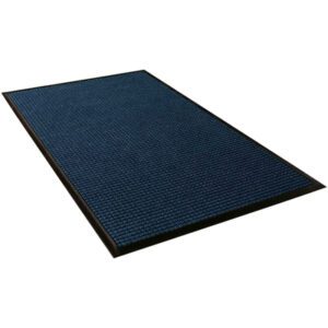 The 4 x 5 Navy Waterhog™ Mat, rectangular with a black border, is shown on a white background. Its blue-textured surface has small, evenly spaced squares for style and functionality.