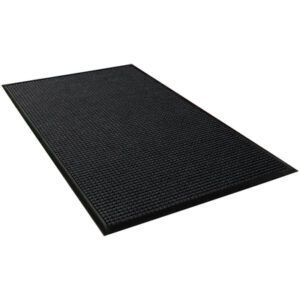 The 6 x 12 Charcoal Waterhog™ Mat, with a textured surface for traction and a raised border, boasts a sleek black rectangular design. Positioned on a white background, it enhances simplicity and functionality.