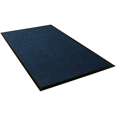 MAT175NY.jpg A rectangle-shaped 4 x 20 - Navy Waterhog™ Runner with a dark blue textured surface and black border is viewed from a slight angle.