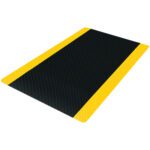 The MH-USA Diamond Plate Mat measures 3 x 12, featuring a textured black surface with bright yellow borders on the longer sides for improved visibility and comfort in workspaces.