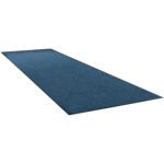 A large, rectangular MH-USA 3 x 60 Blue Economy Vinyl Carpet Mat has a smooth, even surface and a dark border, viewed from an angle highlighting its length.