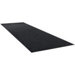 A long, rectangular charcoal mat lies on a white background. The MH-USA 3 x 60 Charcoal Economy Vinyl Carpet Mat features a flat, smooth texture ideal for exercise or floor protection, combining practicality with subtle design.