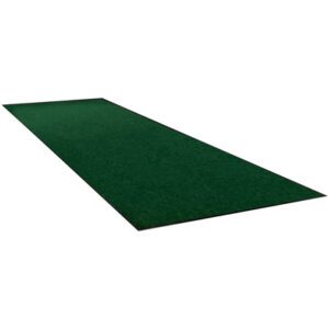 The MH-USA 3 x 60 Forest Green Economy Vinyl Carpet Mat, a long and smooth dark green putting mat, enhances your indoor golf practice with its striking color against a white background.
