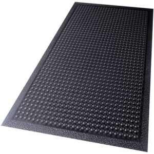 Check out the MH-USA 30 x 60 Black Bubble Mat, a durable, non-slip rubber mat featuring a sleek rectangular design with textured circular bumps and an elevated border for superior grip.