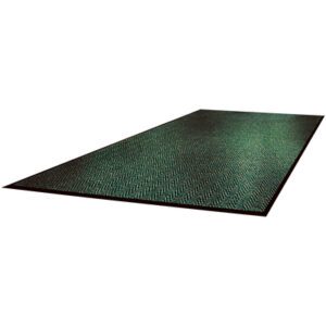 The green MH-USA 2 x 3 Superior Vinyl Carpet Mat features a subtle herringbone pattern with a black border, offering visible texture and sturdy material for versatile use.