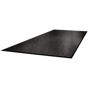 A large, raised rectangular black anti-fatigue mat with a textured diamond plate surface stands against a plain white background, perfectly illustrating the practicality and comfort of the MH-USA 3 x 6 Charcoal Superior Vinyl Carpet Mat.