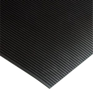 Close-up of a textured MH-USA Corrugated Rib Runner, 3 x 105, featuring fine black parallel ridges. The image highlights the mats corner, emphasizing its linear pattern and dark color.