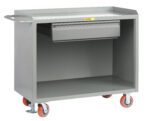 The Little Giant Mobile Bench Cabinets offer a gray metal design with a durable handle, open shelf, heavy-duty lockable drawer on top, and four red caster wheels for easy mobility.