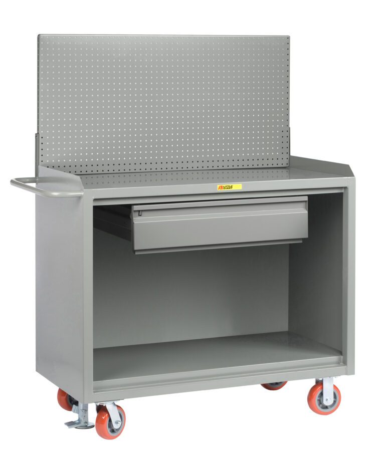 The Little Giant Mobile Bench Cabinet includes a gray workbench, perforated pegboard back, one drawer, and an open storage area. It has four red caster wheels and a side handle for easy maneuvering.