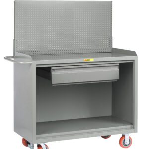 The Little Giant Mobile Bench Cabinet includes a gray workbench, perforated pegboard back, one drawer, and an open storage area. It has four red caster wheels and a side handle for easy maneuvering.
