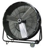 The Vestil Two Speed Drive Blower features 30-inch blades, a strong black metal frame, and a protective grille on a wheeled stand, ideal for heavy-duty cooling or ventilation.