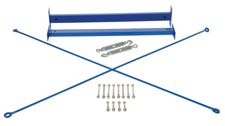 The Vestil Medium Duty Cantilever Brace Set 72 X 48 includes blue metal support bars, bolts, and turnbuckles, neatly arranged on a white background with two bars crossed and other components symmetrically laid out.