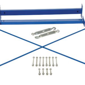 The Vestil Medium Duty Cantilever Brace Set 96 X 60 displays blue metal parts, including two diagonal rods, rectangular brackets, turnbuckles, and multiple bolts arranged elegantly on a white background.