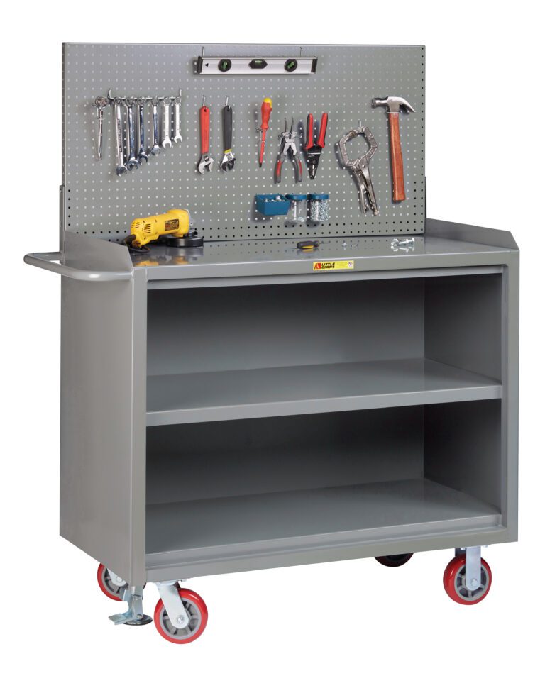 A gray metal Little Giant Mobile Bench Cabinet with red wheels features two shelves and a pegboard, displaying tools like wrenches, pliers, a hammer, a level, and a cordless drill neatly at the back.