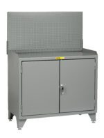 The Little Giant Counter Height Bench Cabinet with Welded Center Shelf is a sturdy gray metal storage unit featuring two doors with a secure lock, a perforated back panel for tool organization, and stands on four legs marked with a caution label.