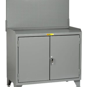 The Little Giant Counter Height Bench Cabinet with Welded Center Shelf is a sturdy gray metal storage unit featuring two doors with a secure lock, a perforated back panel for tool organization, and stands on four legs marked with a caution label.